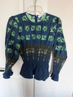 Hunter Bell Smocked Peplum Tie-Dye Print Long Sleeve Top - Navy & Green